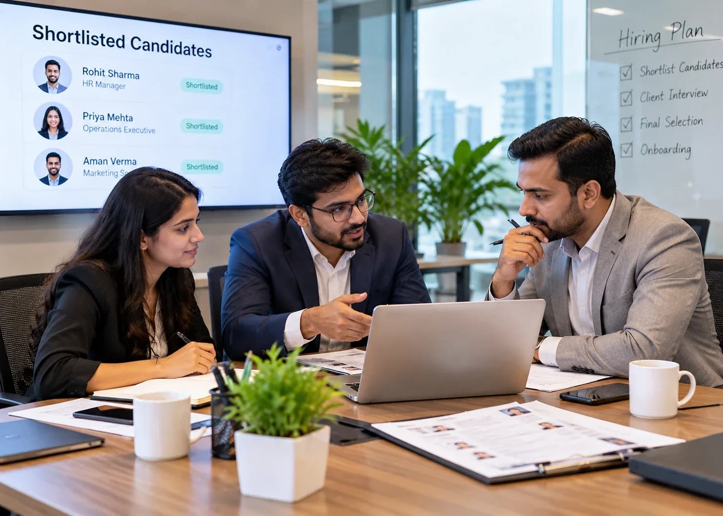 Consultants presenting a shortlist of candidates to a client hiring manager in a meeting room