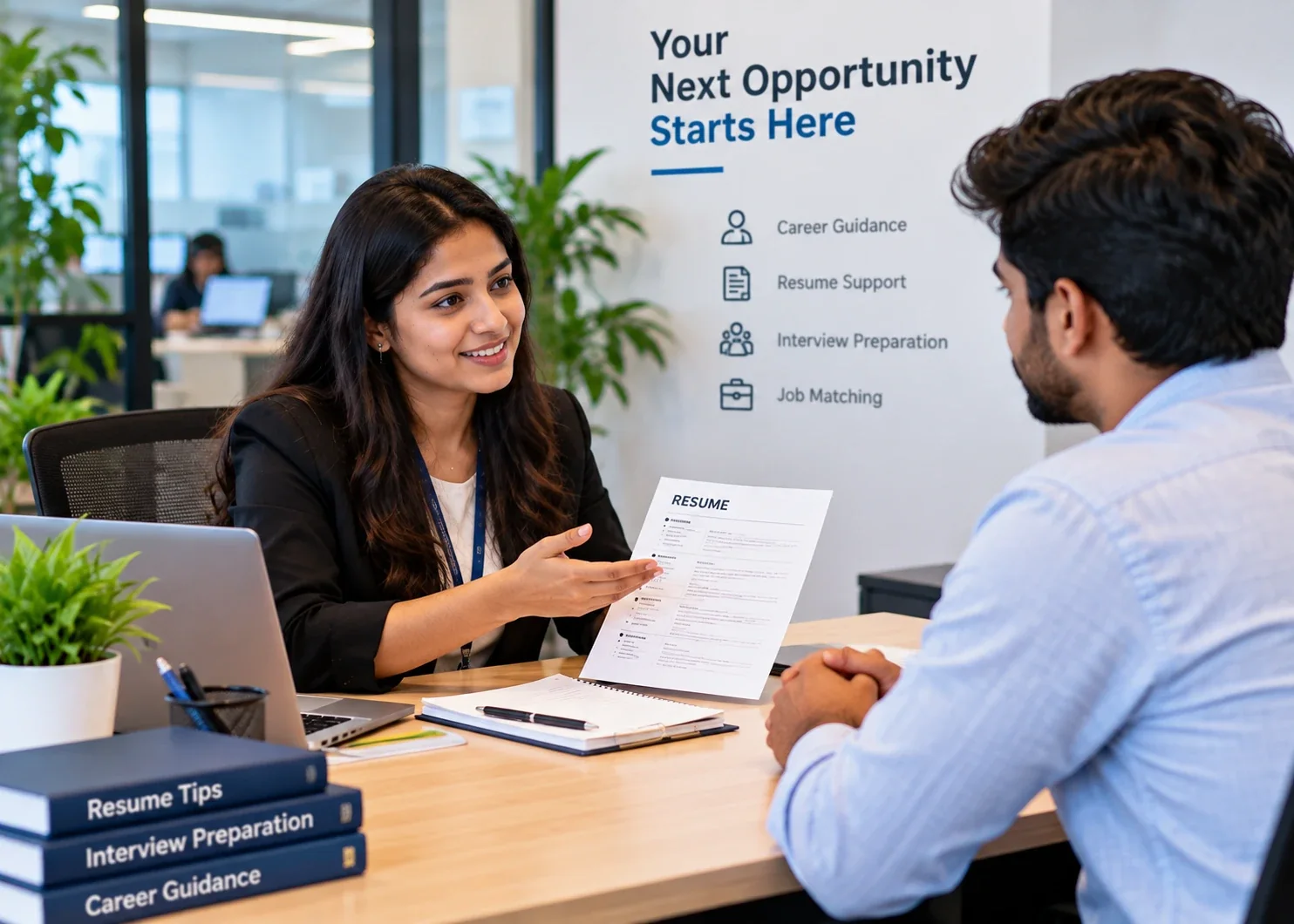 A recruitment consultant going through a candidate's resume with them across a desk